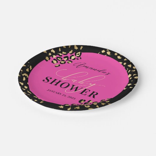 ピンクのヒョウ柄シャワー ペーパープレート (アングル)