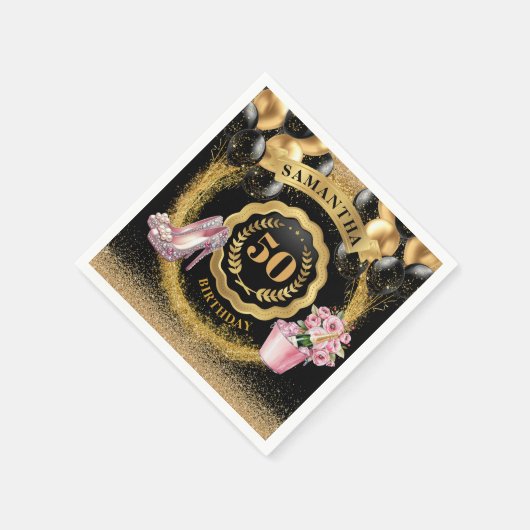 ピンクのヒール付きラジアントブラックバルーンのナプキン スタンダードカクテルナプキン (角)