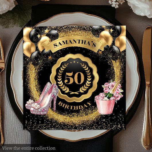 ピンクのヒール付きラジアントブラックバルーンのナプキン スタンダードカクテルナプキン