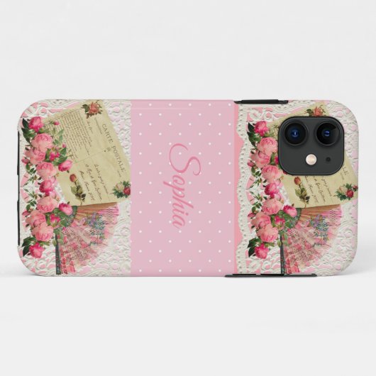 ピンクのビクトリアンアンティークファン、ポストカード、ドット柄 Case-Mate iPhoneケース (裏面(横))