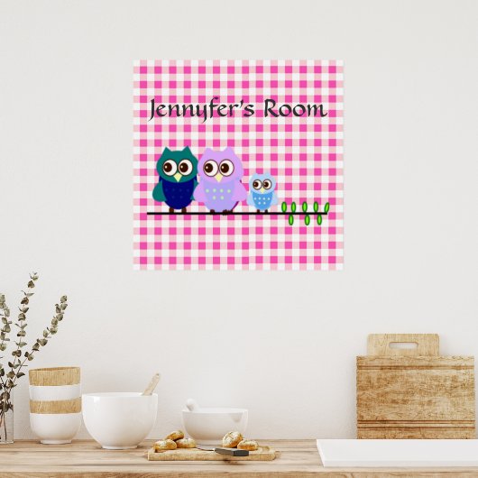 ピンクのビシーのポスターのフクロウの家族 ポスター (キッチン)