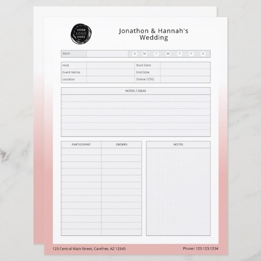 ピンクのビジネスイベント計画ワークシート (正面/裏面)