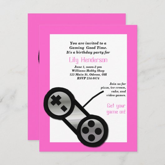 ピンクのビデオ賭博のパーティの招待状 招待状 (正面/裏面)