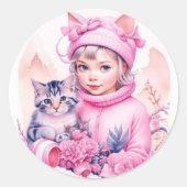 ピンクのビンテージガールとグレーの子猫のクリスマス ラウンドシール (正面)