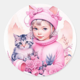 ピンクのビンテージガールとグレーの子猫のクリスマス ラウンドシール