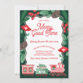 ピンクのビンテージトレイン クリスマスツリー デリバリー 招待状 (正面)