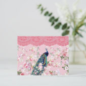 ピンクのビンテージ フラワー エレガント ラック カラフル ペコック ポストカード (スタンド正面)