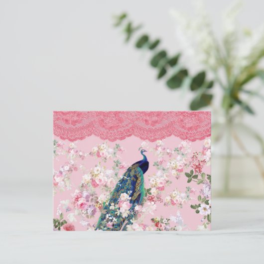 ピンクのビンテージ フラワー エレガント ラック カラフル ペコック ポストカード (スタンド正面)