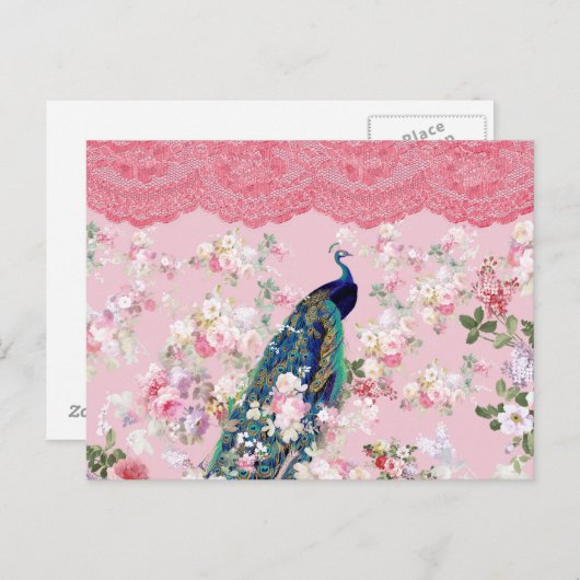 ピンクのビンテージ フラワー エレガント ラック カラフル ペコック ポストカード (正面/裏面)