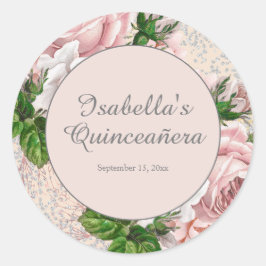 ピンクのビンテージ フラワー グリッターの quinceañera  ラウンドシール