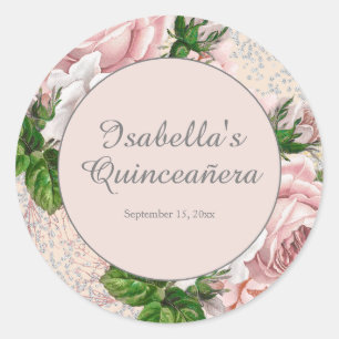 ピンクのビンテージ フラワー グリッターの quinceañera ラウンドシール