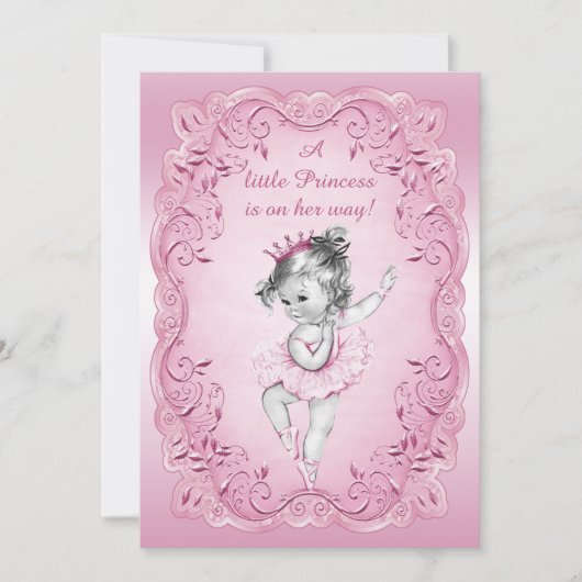 ピンクのビンテージ プリンセス バレリーナ ベイビー シャワー 招待状 (正面)
