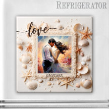 ピンクのビーチの貝殻 ラブ フォト マグネット