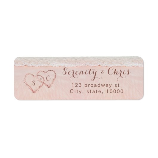 ピンクのビーチハートの砂の差出人住所 ラベル (正面)
