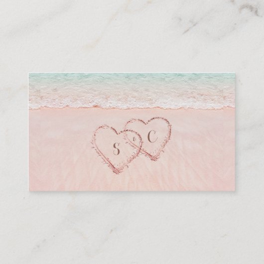 ピンクのビーチハートを砂のウェブサイトに挿入カード プレイスカード (裏面)