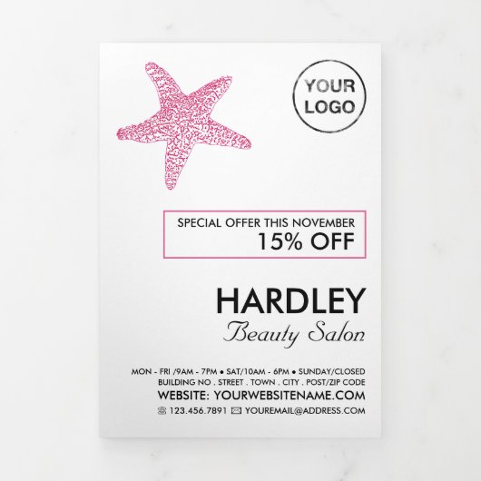 ピンクのビーチヒトデ、美しいサロントリフォールドフライヤー 三つ折り招待状 (カバー)