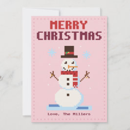 ピンクのピクセルアートのクリスマスカードに描かれた雪だるま シーズンカード