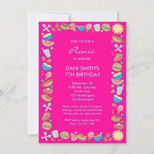 ピンクのピクニック誕生日 招待状 (正面)
