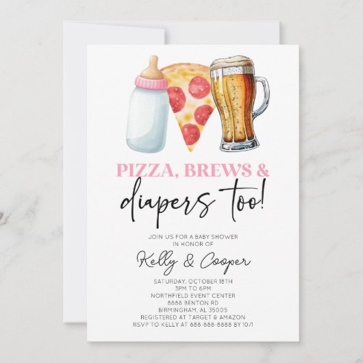 ピンクのピザも生え立ち、おむつ!赤ちゃんシャワー 招待状 (正面)