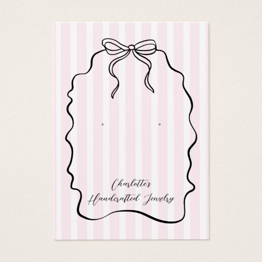 ピンクのピンストライプ状リボンイヤリングジュエリー表示カード (正面)