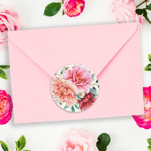 ピンクのピーチの芍薬 ワインレッドの花と葉 ラウンドシール