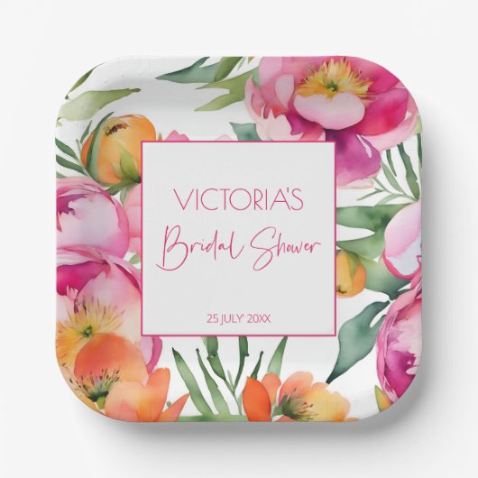ピンクのピーチオレンジの牡丹エレガントブライダルシャワー ペーパープレート (正面)