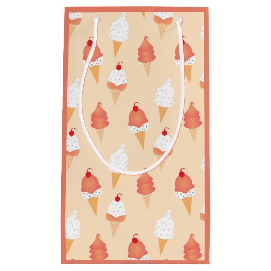 ピンクのピーチパターンを振りかけるアイスクリームコーン スモールペーパーバッグ (正面)
