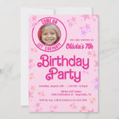 ピンクのファッション人形フォトバースデーパーティー 招待状 (正面)
