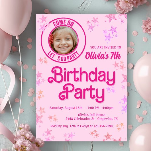 ピンクのファッション人形フォトバースデーパーティー 招待状