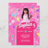 ピンクのファッション人形フォトバースデーパーティー 招待状 (正面/裏面)