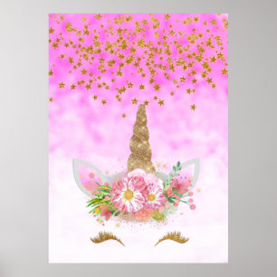ピンクのファンタジーとゴールデンスターズユニコーン ポスター