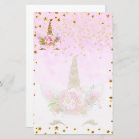 ピンクのファンタジーとゴールデンスターズユニコーン 便箋 (正面/裏面)