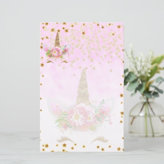 ピンクのファンタジーとゴールデンスターズユニコーン 便箋 (スタンド正面)