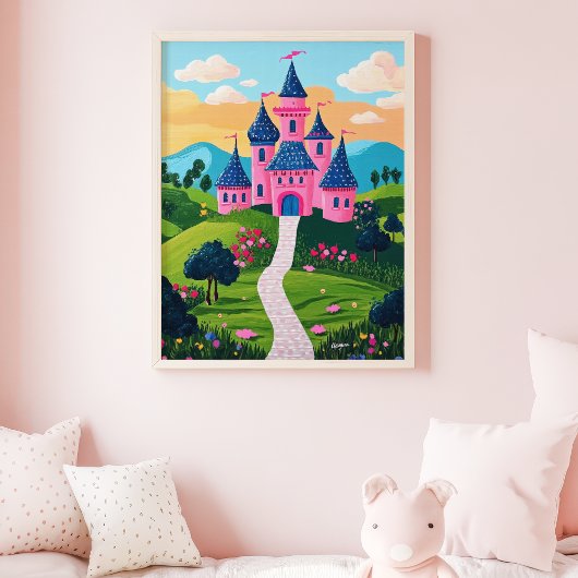 ピンクのファンタジー城のサンセット風景壁画 ポスター