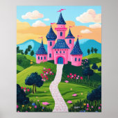 ピンクのファンタジー城のサンセット風景壁画 ポスター (正面)