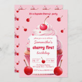 ピンクのファーストチェリー＆カッフケーキバースデーパーティー 招待状 (正面/裏面)