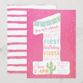ピンクのファーストバースデー フィエスタ パーティー 招待状 (正面/裏面)