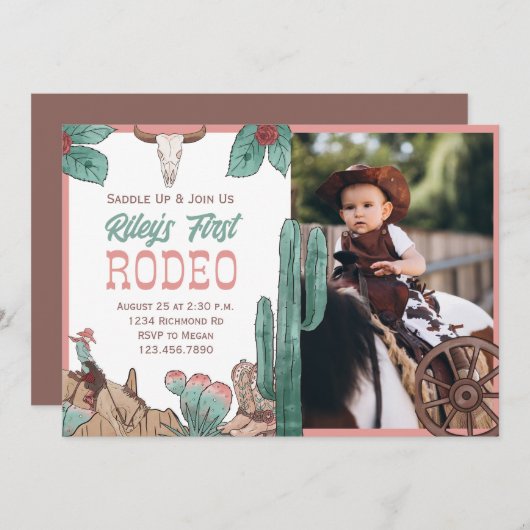 ピンクのファーストロデオ ウエスタン サウスウエスタンカウガール 招待状 (正面/裏面)