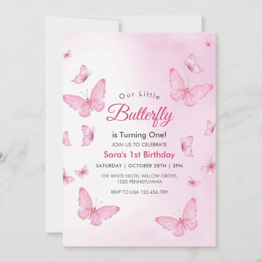 ピンクのファースト1歳の誕生日蝶パーティー 招待状 (正面)