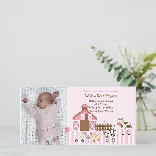 ピンクのファーム動物の写真誕生のお知らせ8 x 4 案内状 (スタンド正面)
