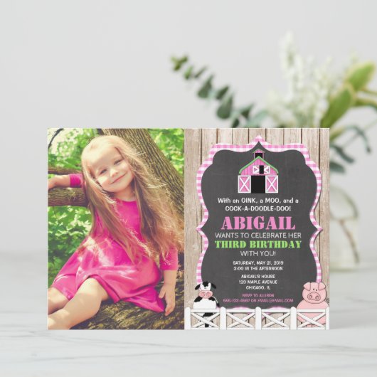 ピンクのファーム動物の女の子の誕生日の写真 招待状 (スタンド正面)