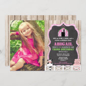 ピンクのファーム動物の女の子の誕生日の写真 招待状 (正面/裏面)