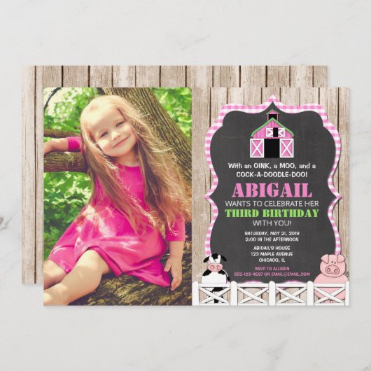 ピンクのファーム動物の女の子の誕生日の写真 招待状 (正面/裏面)
