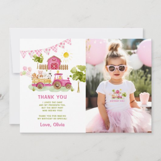 ピンクのファーム動物の誕生日の写真サンキューカード 招待状 (正面)