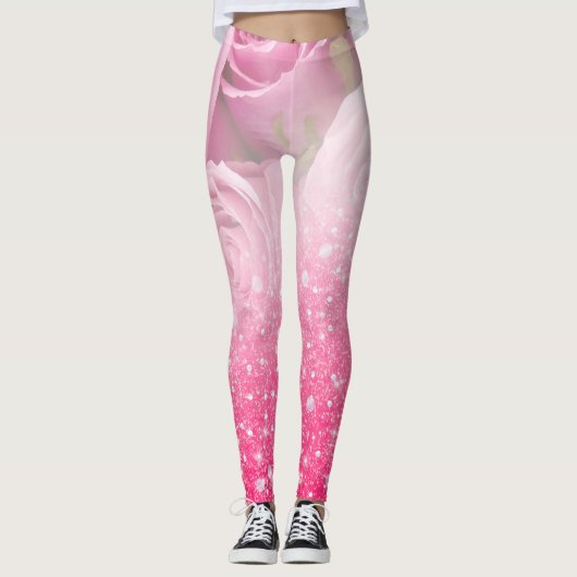 ピンクのフェイクなきらめくグリッターは女性および女の子のために上がりました レギンス (正面)
