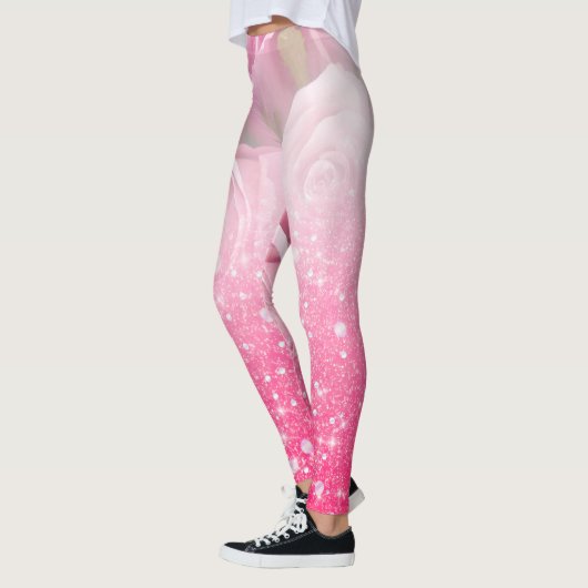 ピンクのフェイクなきらめくグリッターは女性および女の子のために上がりました レギンス (左)