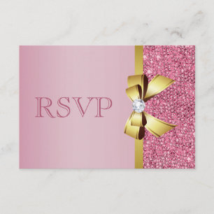 ピンクのフェイクなスパンコールの金ゴールドの弓及びダイヤモンドRSVP 出欠カード