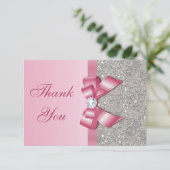 ピンクのフェイクな弓及びダイヤモンドは感謝していしています サンキューカード (スタンド正面)