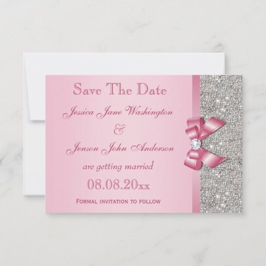 ピンクのフェイクな弓及びダイヤモンドは日付を救います セーブザデート (裏面)