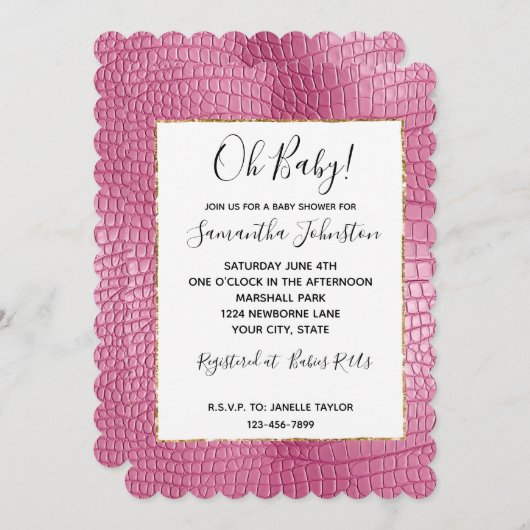 ピンクのフェイクアリゲーター動物の赤ちゃんシャワー 招待状 (正面/裏面)